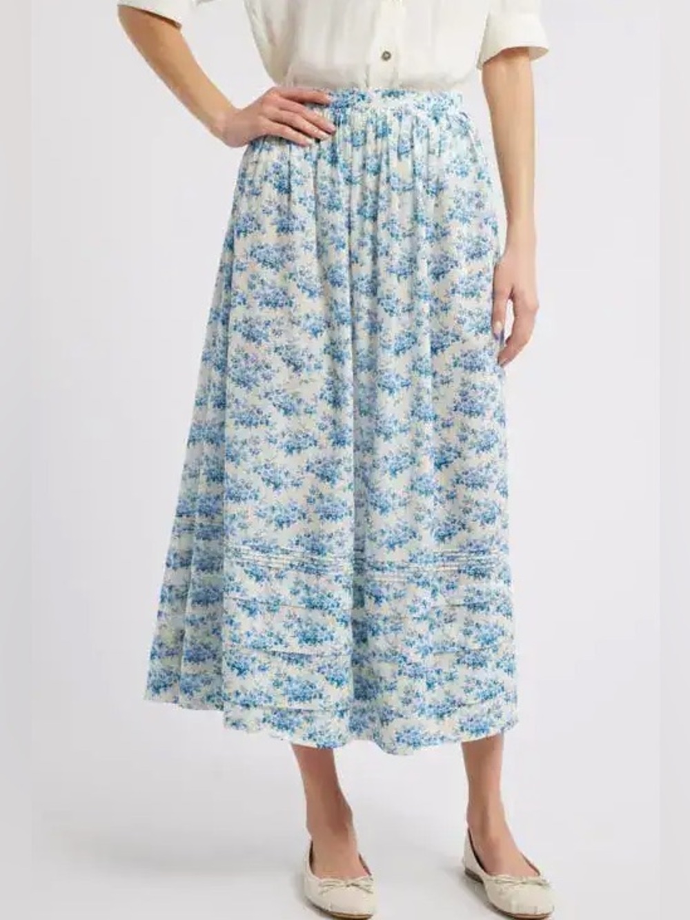 Doen Marcie Floral Organic Cotton Maxi Skirt in Bleu Rosier Floral NWT